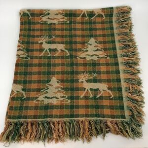 Christmas Tree Reindeer Fringe Afghan Blanket Green Gold